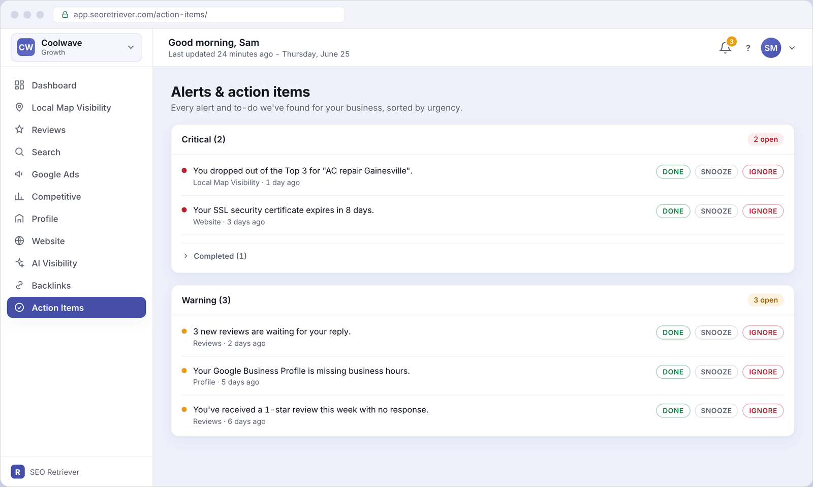 The Action Items screen showing a Critical card with two open alerts and a collapsed Completed group, and a Warning card with three open alerts, each with Done, Snooze, and Ignore buttons