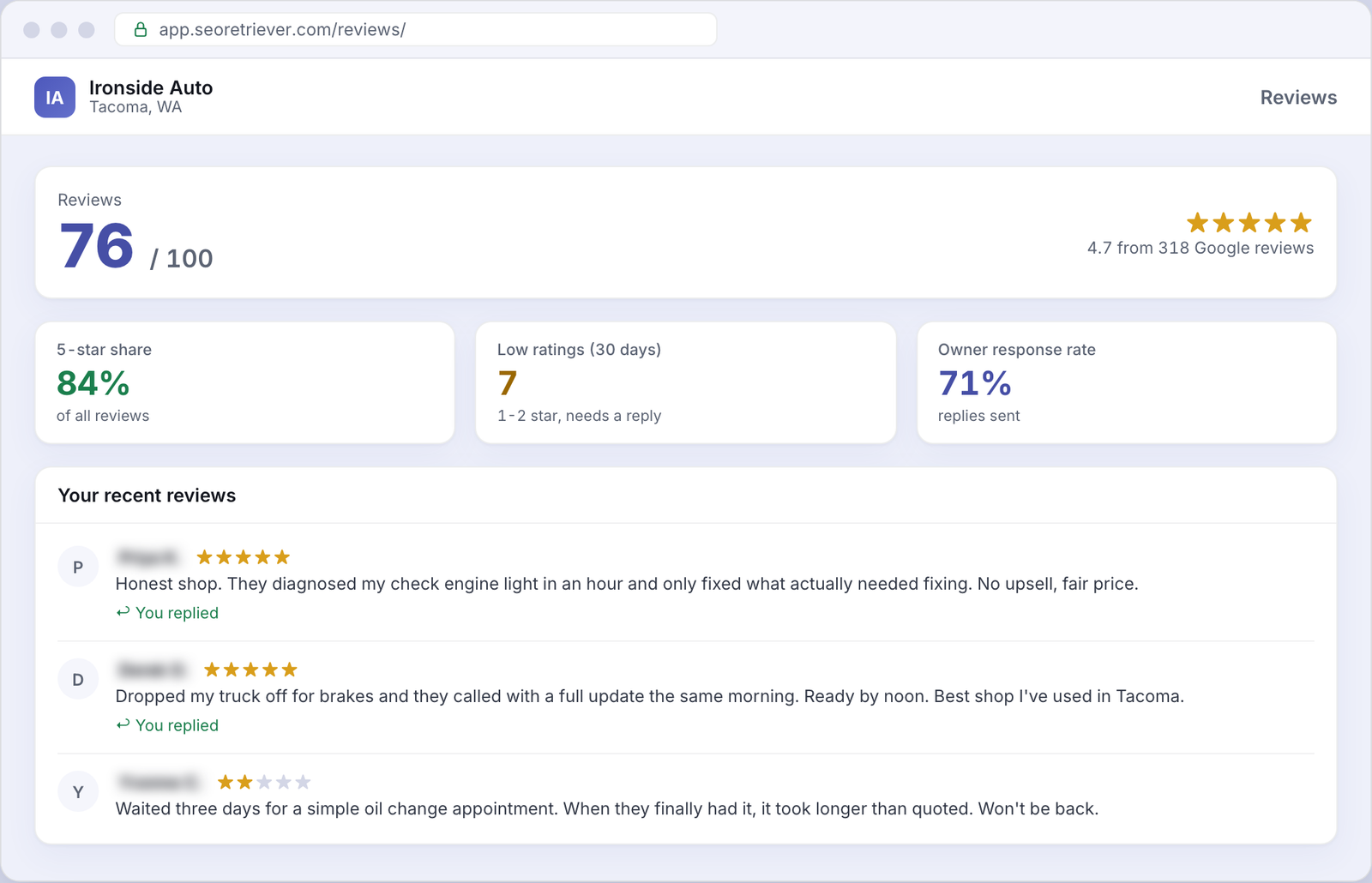 Reviews showing Google review trends for an example Auto repair business