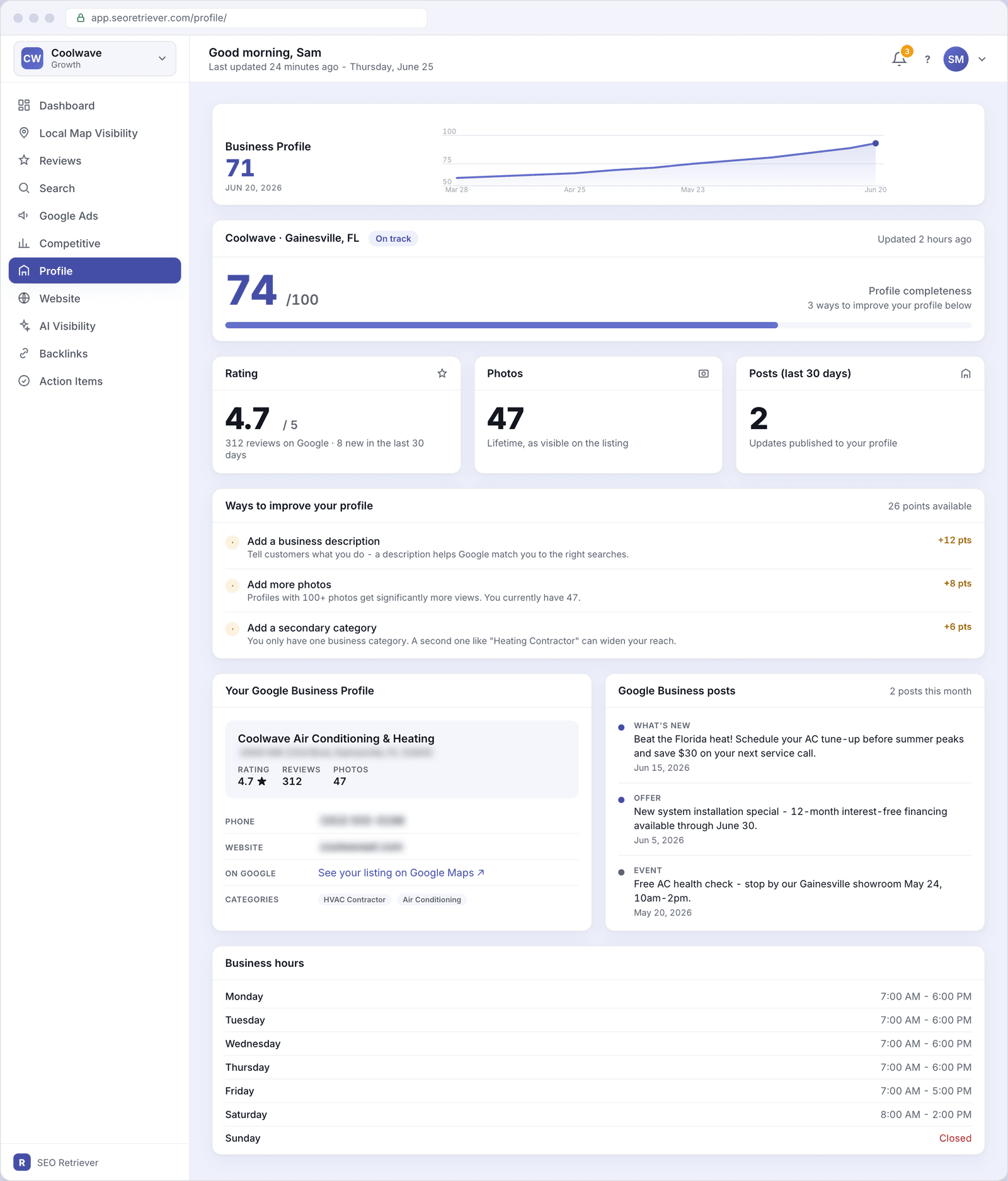 The Profile screen for Coolwave, showing a score of 71, a completeness meter at 74/100, three small KPI tiles for rating, photos and posts, a checklist of improvements, the Google listing details, recent posts, and business hours