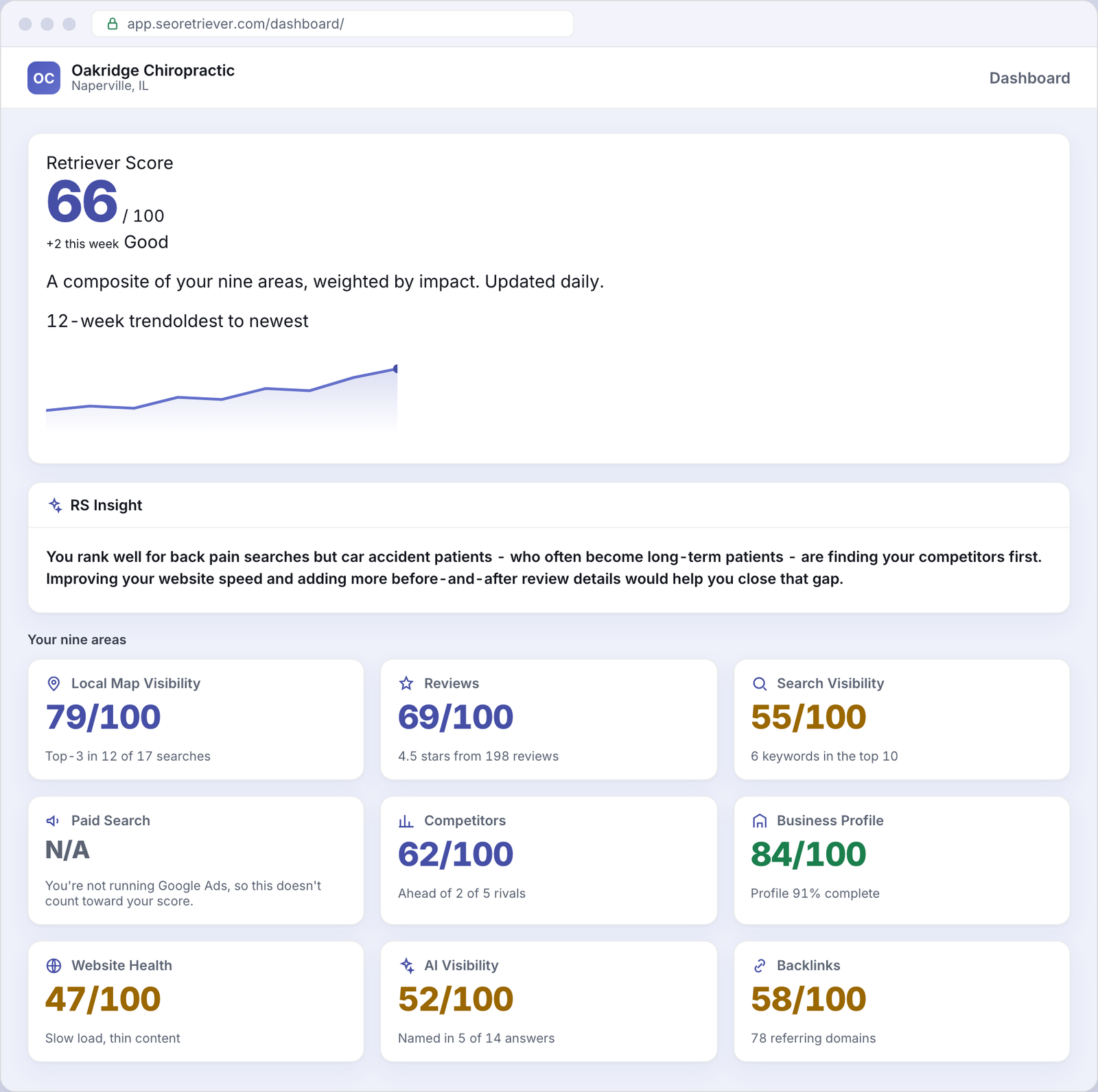 SEO Retriever dashboard showing the overall online-presence score for an example Chiropractic business