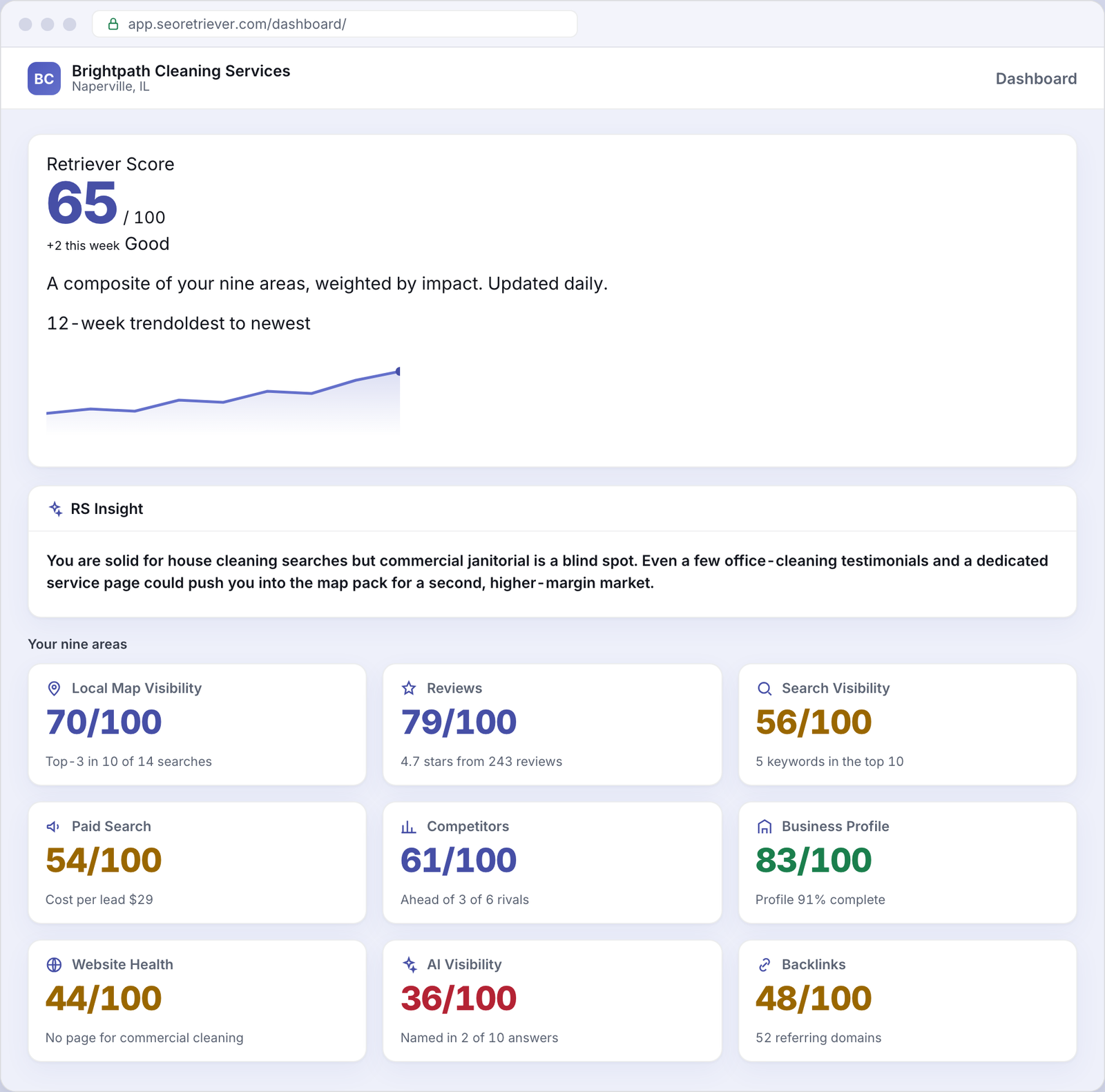 SEO Retriever dashboard showing the overall online-presence score for an example Cleaning services business