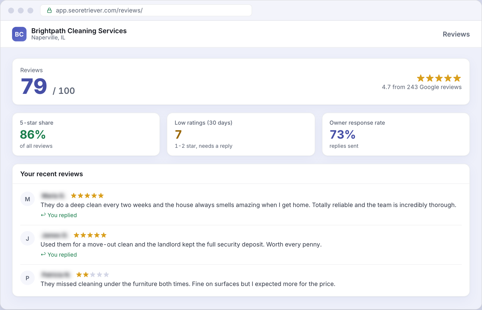 Reviews showing Google review trends for an example Cleaning services business