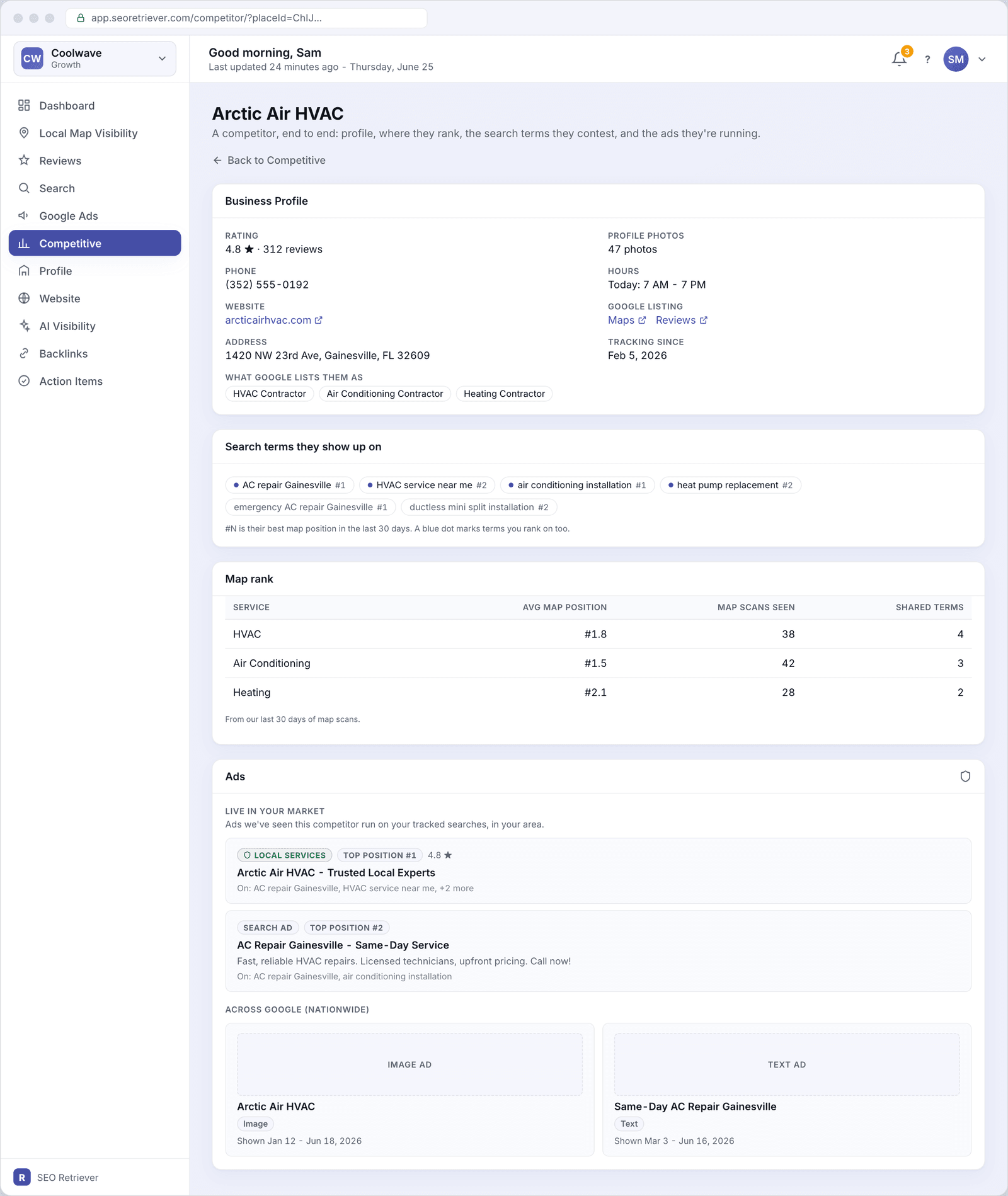 The Competitor details screen for Arctic Air HVAC, showing their profile, the search terms they compete on with Coolwave, a map rank table, and live ads