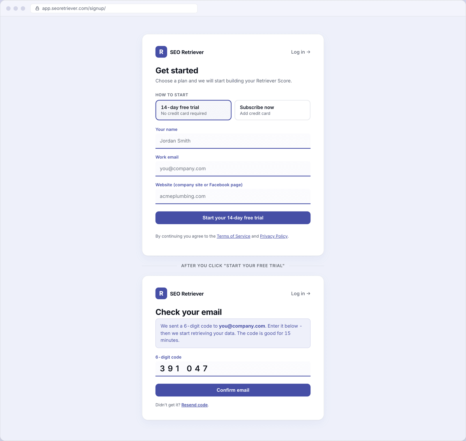 The sign-up screen showing the Get started form with a 14-day free trial selected, fields for name, email, and website, then below it the Check your email step with a 6-digit code entry