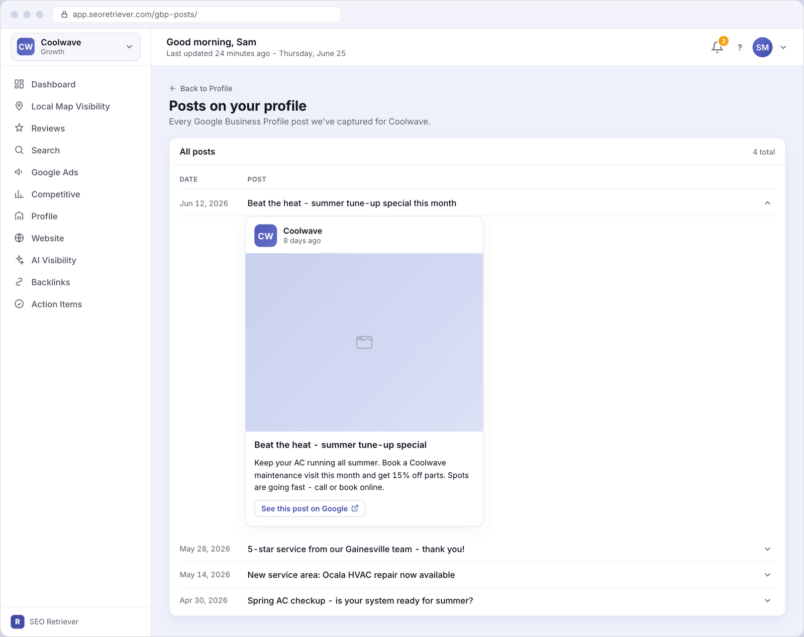 The Google Business Posts screen for Coolwave showing a list of four posts by date and headline, with the top post expanded into a Google-style card showing the post photo, title, body text, and a link to view it on Google