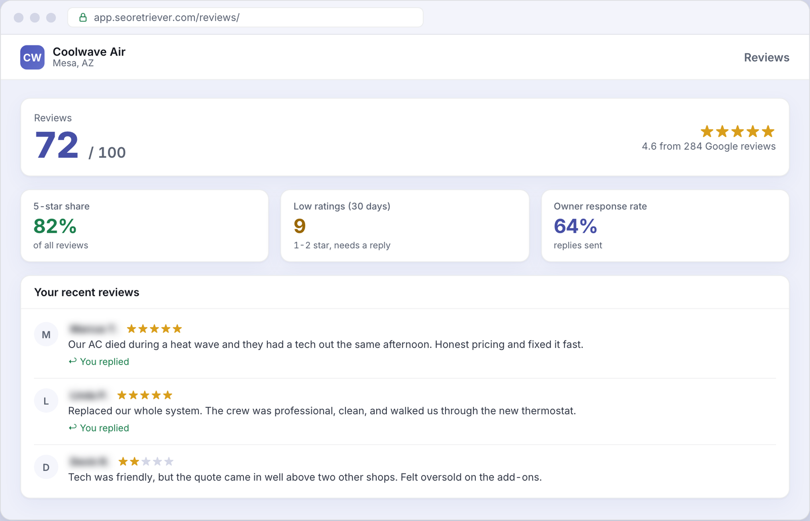 Reviews showing Google review trends for an example HVAC business
