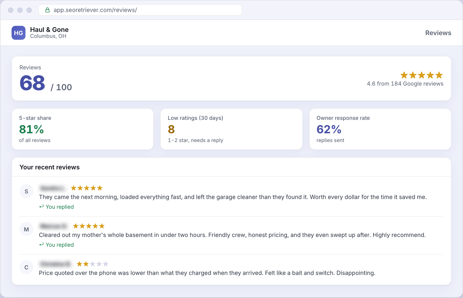 Reviews showing Google review trends for an example Junk removal business