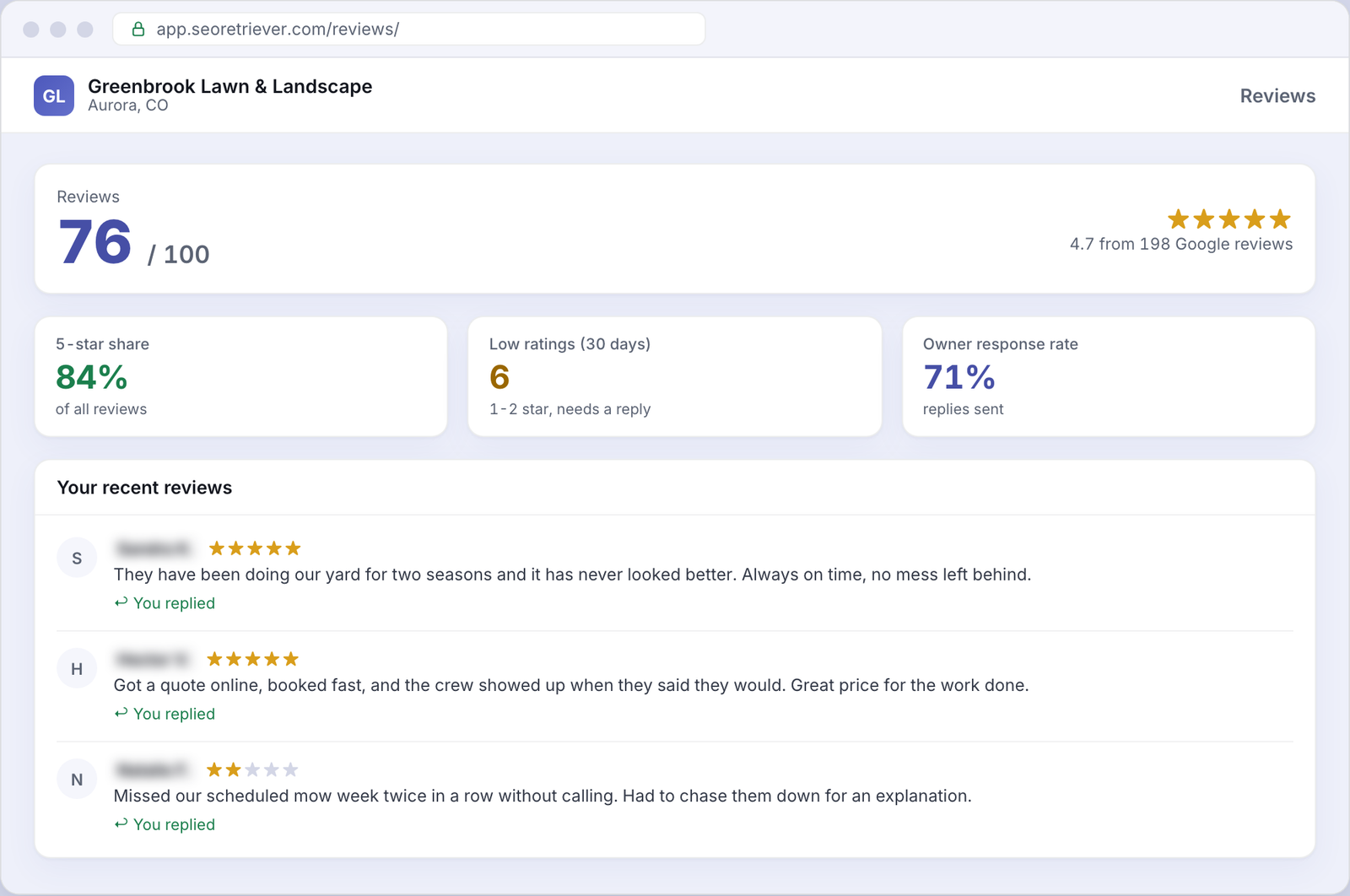 Reviews showing Google review trends for an example Landscaping business
