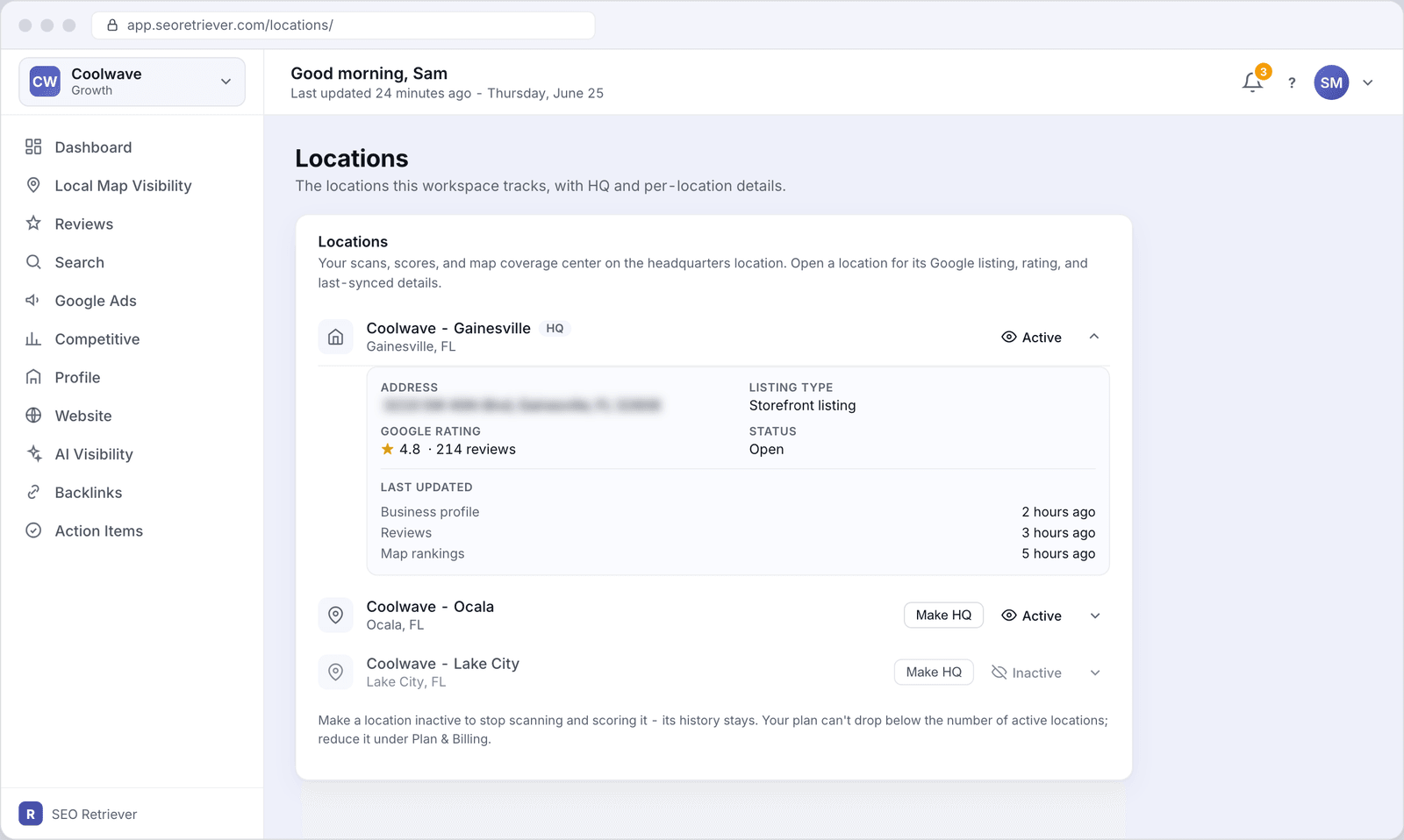 The Locations screen for Coolwave showing three locations in an expandable list - the Phoenix HQ is expanded to show its address, Google rating, listing type, and last-synced times; Scottsdale is active and collapsed; Mesa is inactive and collapsed