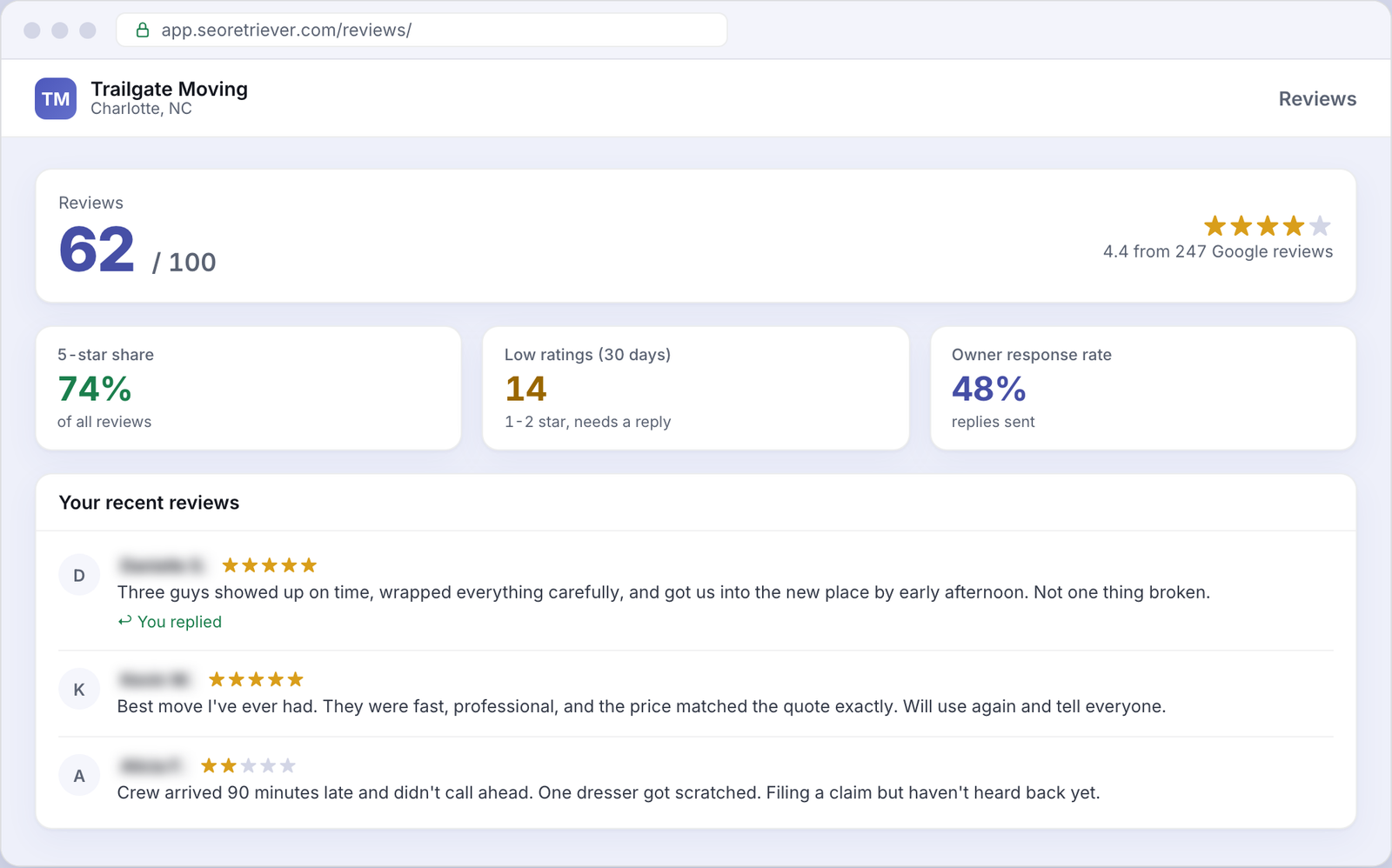 Reviews showing Google review trends for an example Moving business