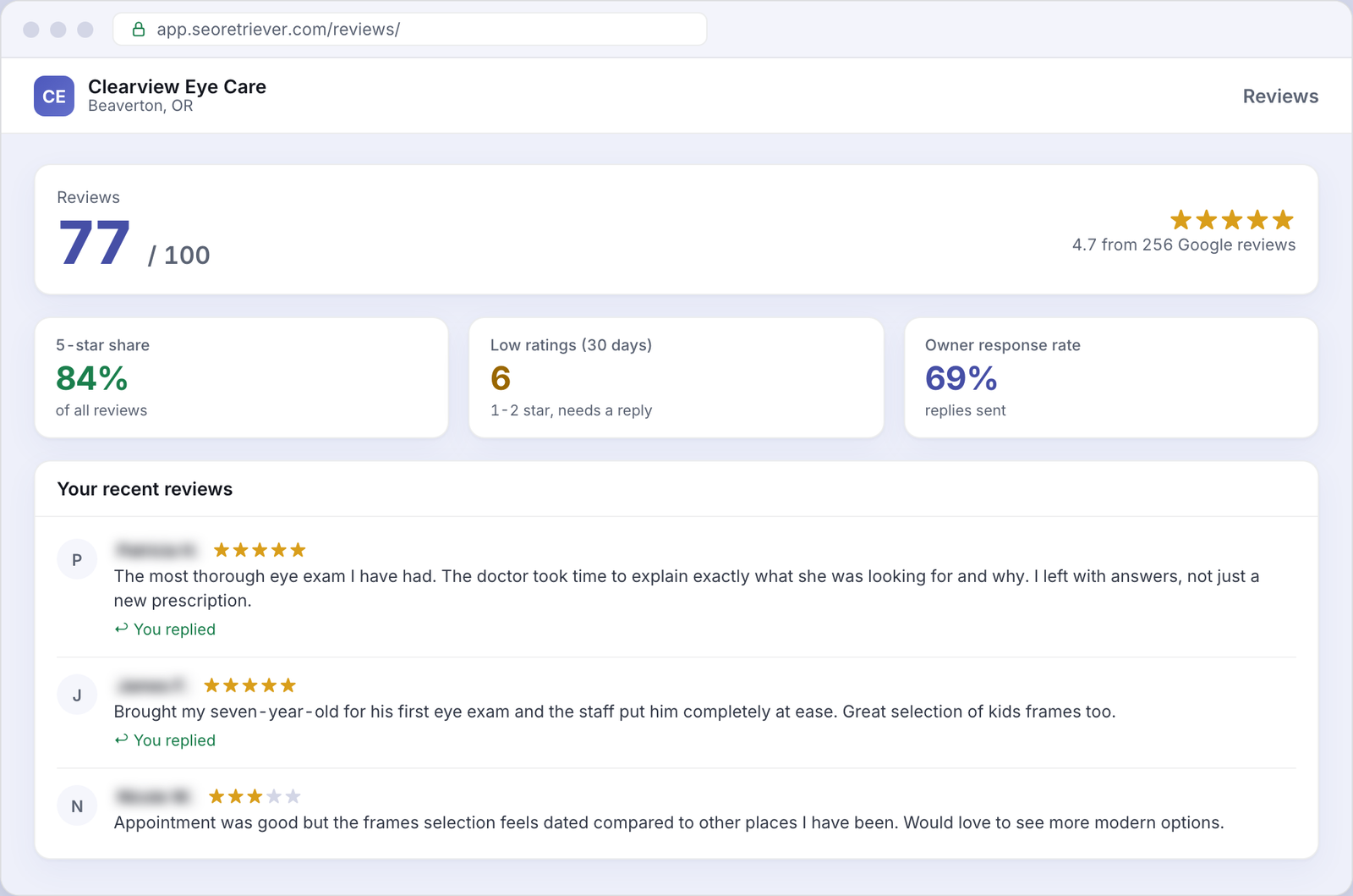 Reviews showing Google review trends for an example Optometry business