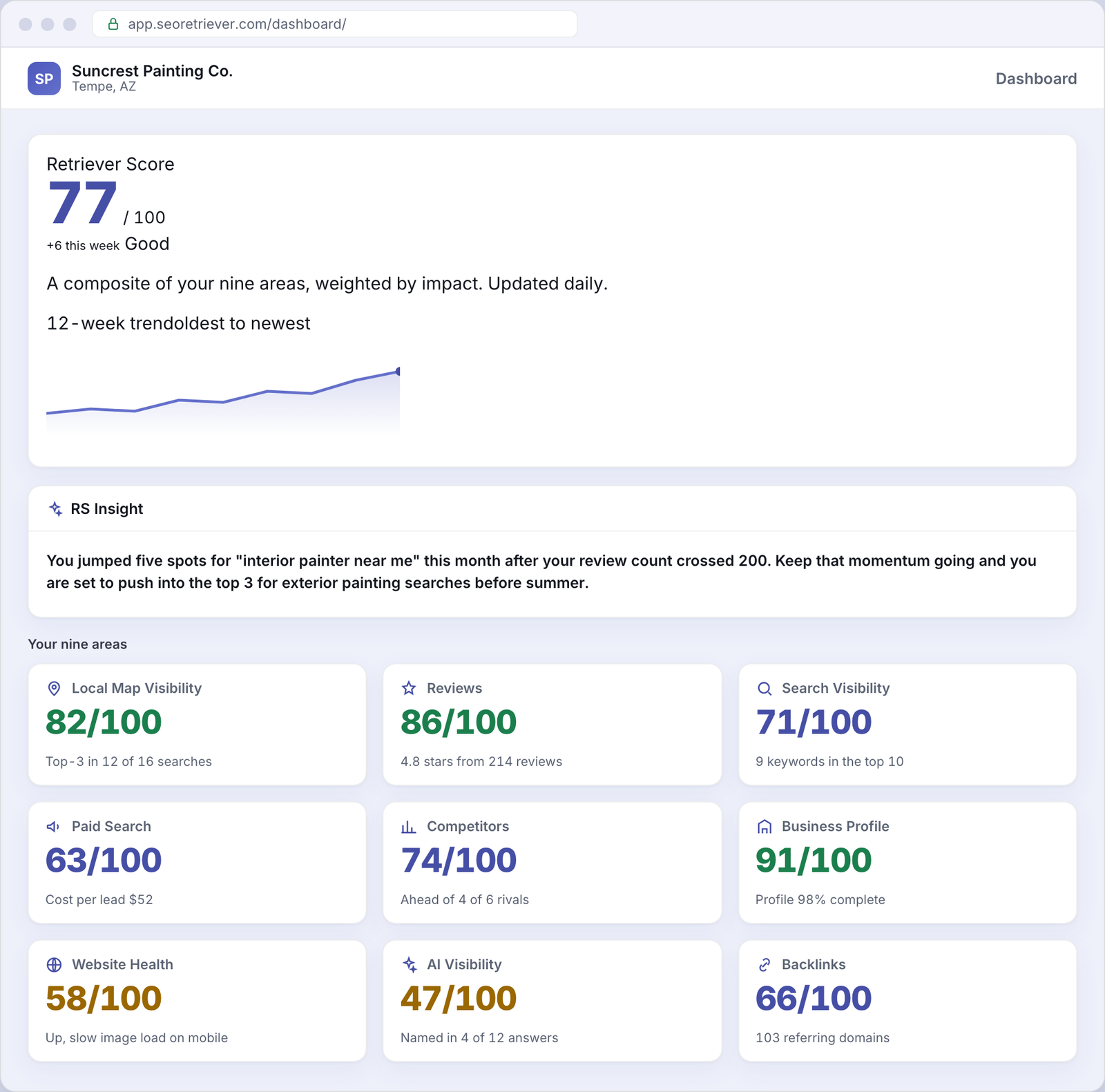 SEO Retriever dashboard showing the overall online-presence score for an example Painting business
