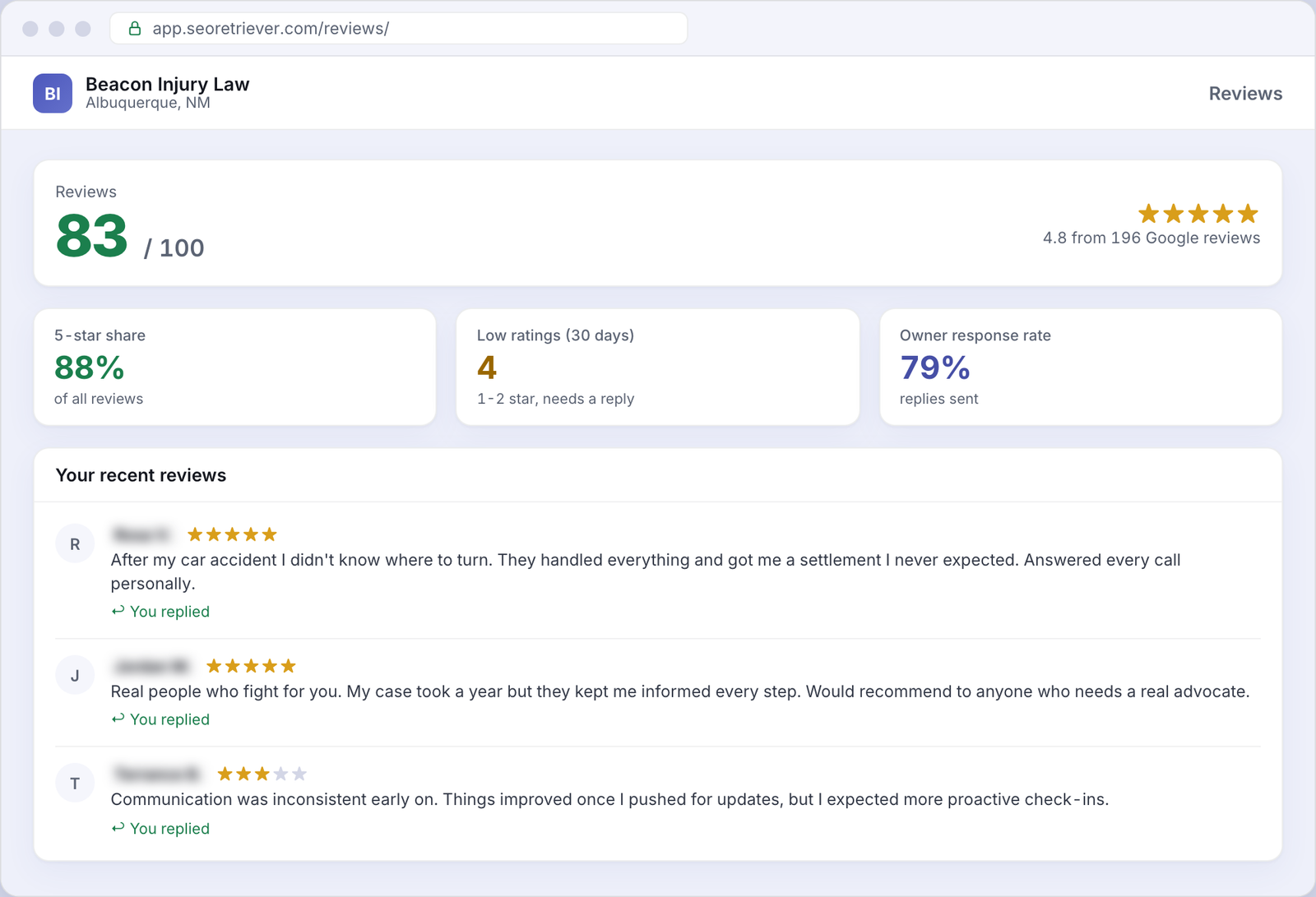 Reviews showing Google review trends for an example Personal injury law business