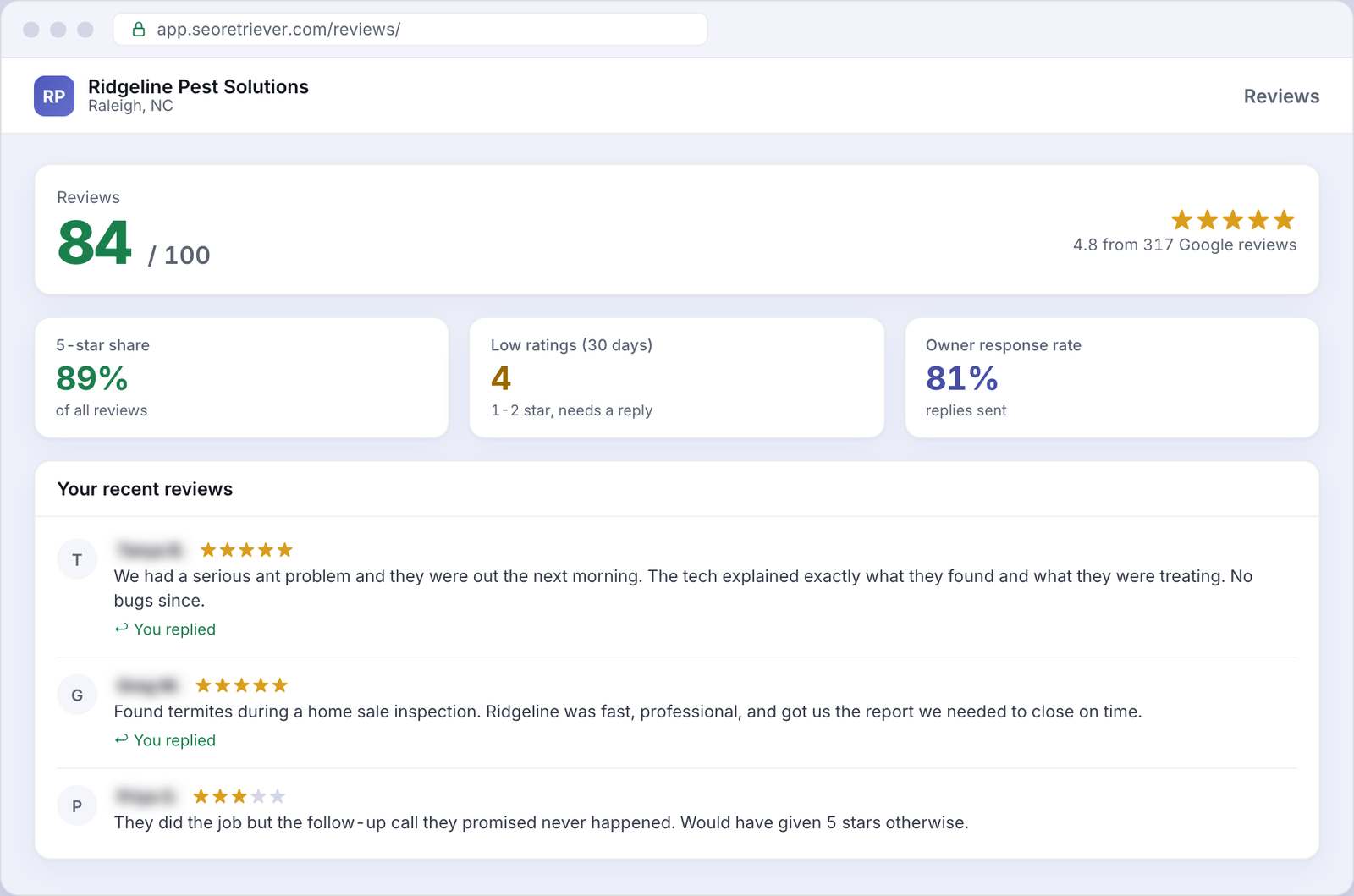 Reviews showing Google review trends for an example Pest control business