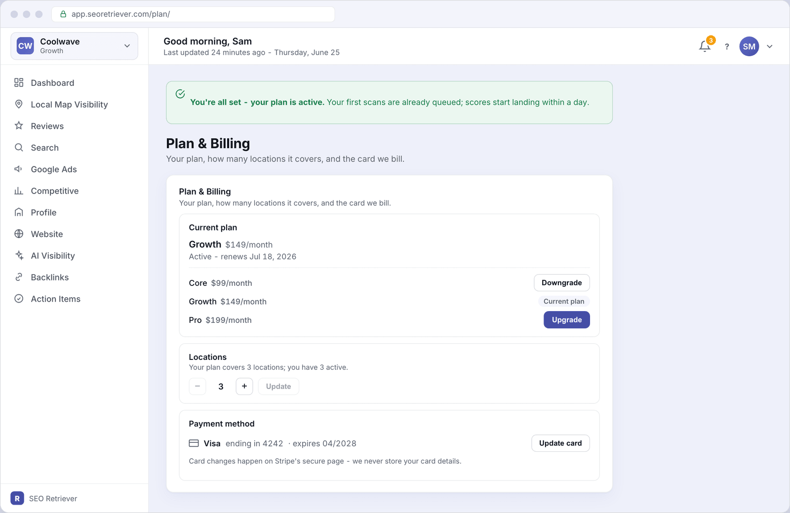 The Plan and Billing screen showing a Growth plan active at $149 per month, a location count of 1, and a Visa card ending in 4242 on file