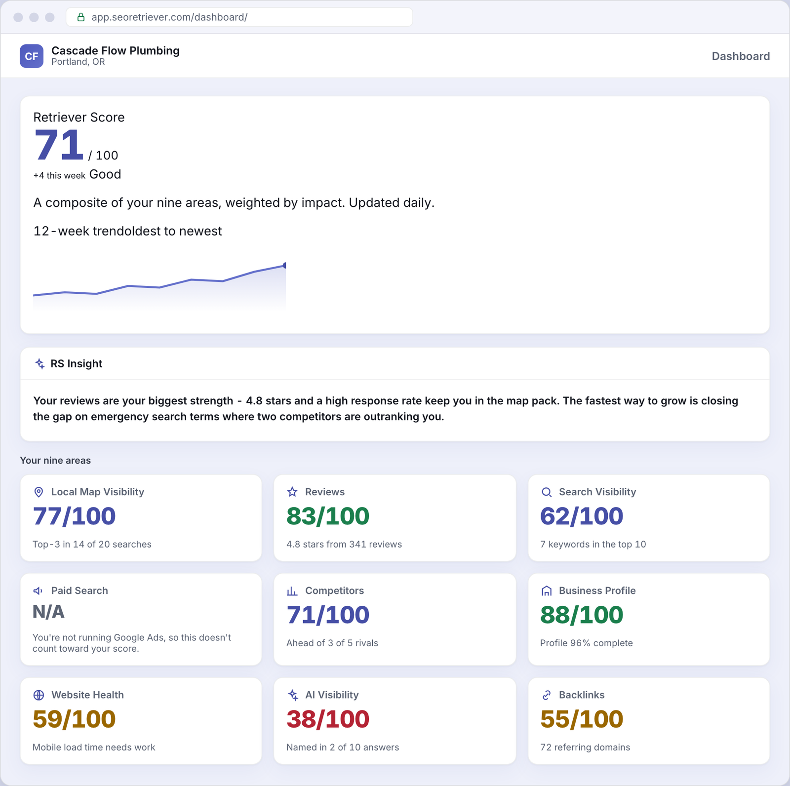 SEO Retriever dashboard showing the overall online-presence score for an example Plumbing business