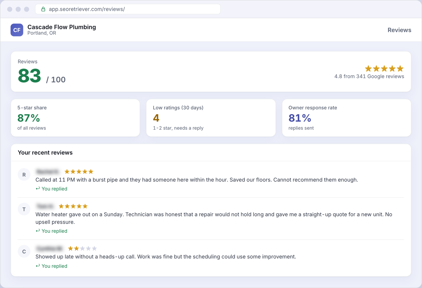 Reviews showing Google review trends for an example Plumbing business