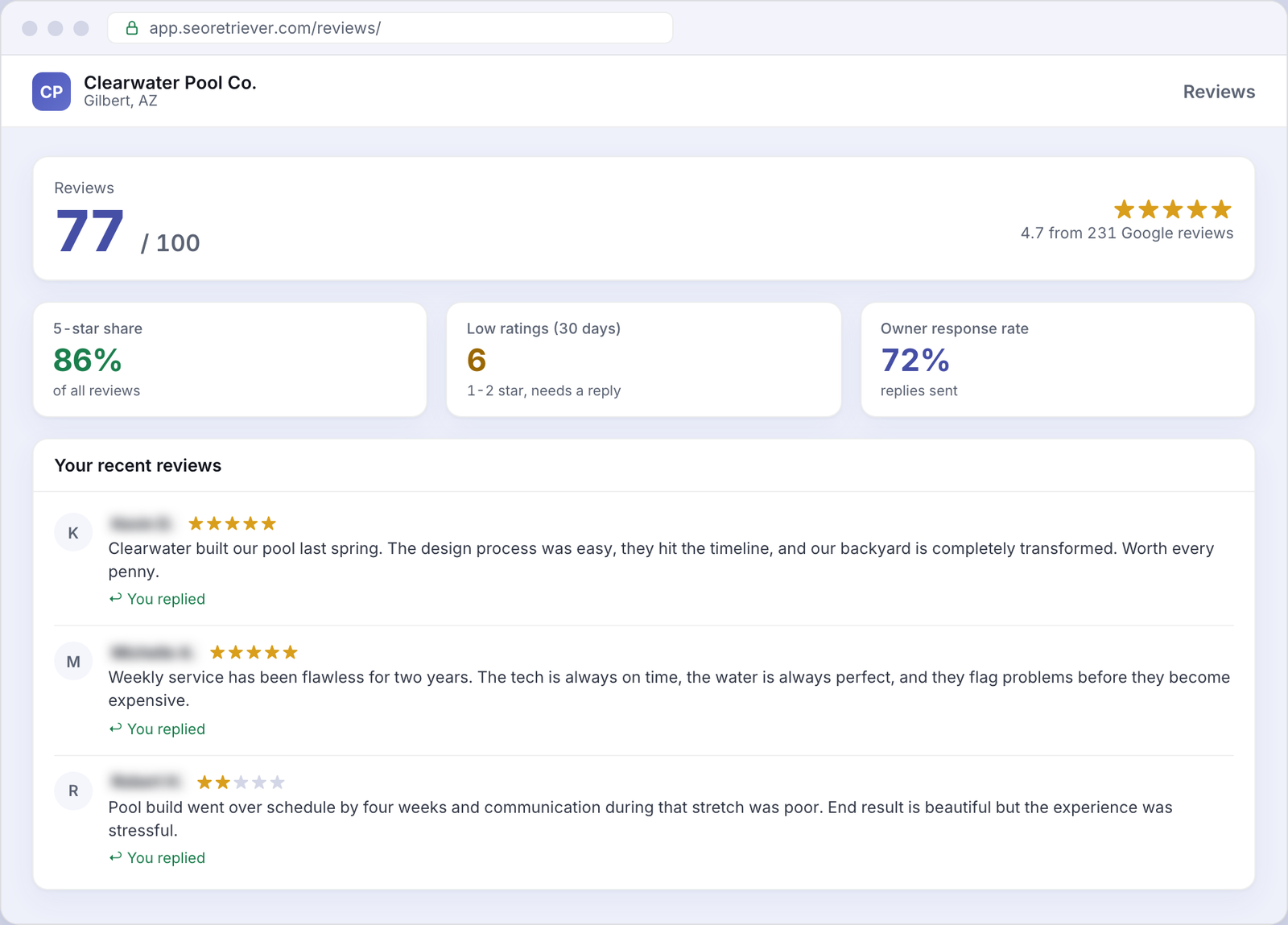 Reviews showing Google review trends for an example Pools business