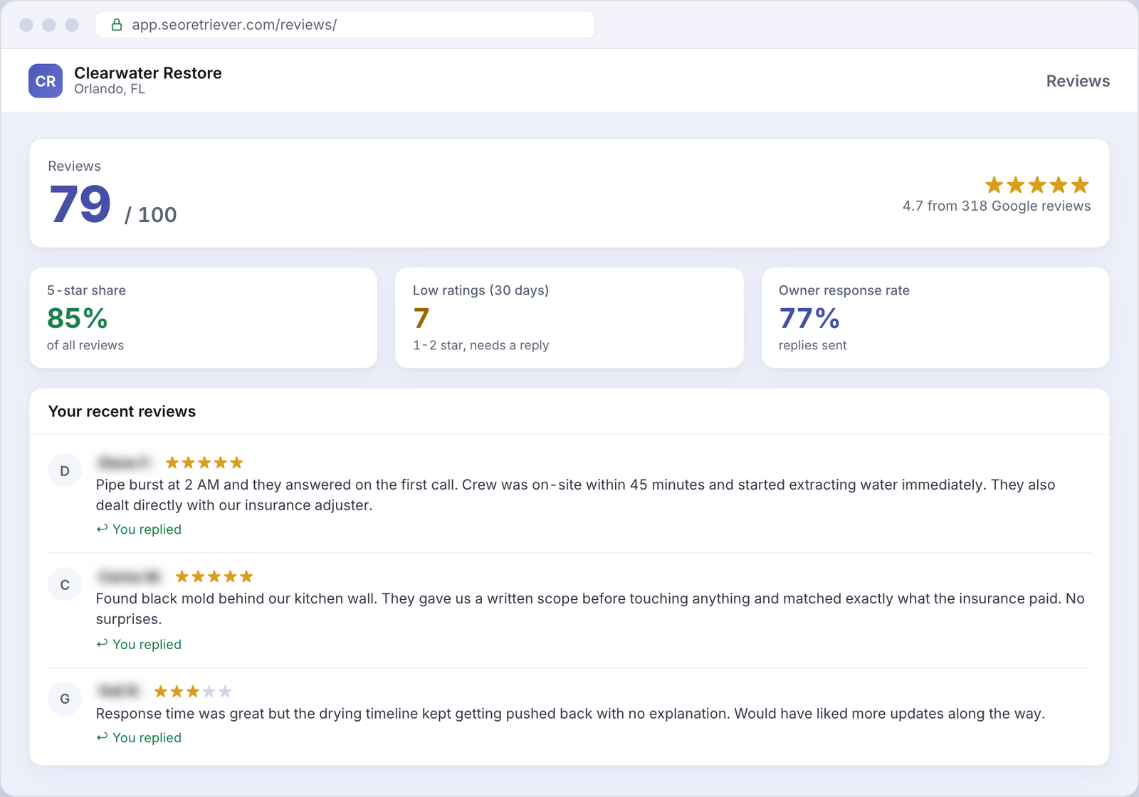 Reviews showing Google review trends for an example Restoration business