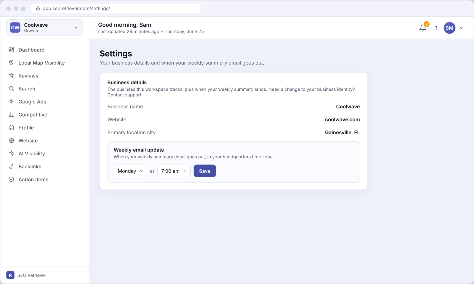 The Business settings screen showing read-only business identity rows for Coolwave and a weekly email update picker set to Monday at 7:00 am