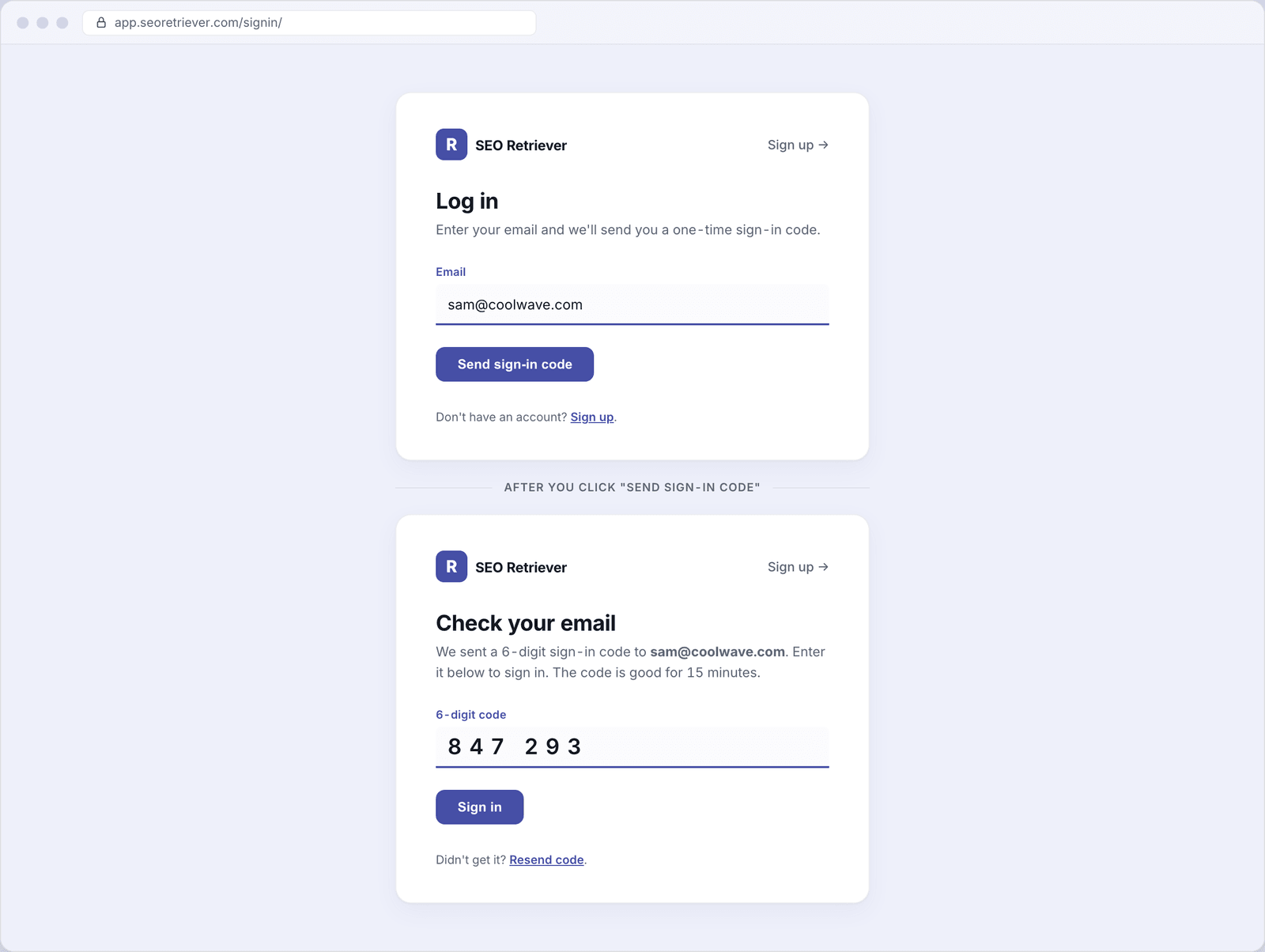 The SEO Retriever sign-in screen showing the email entry step, then the 6-digit code entry step