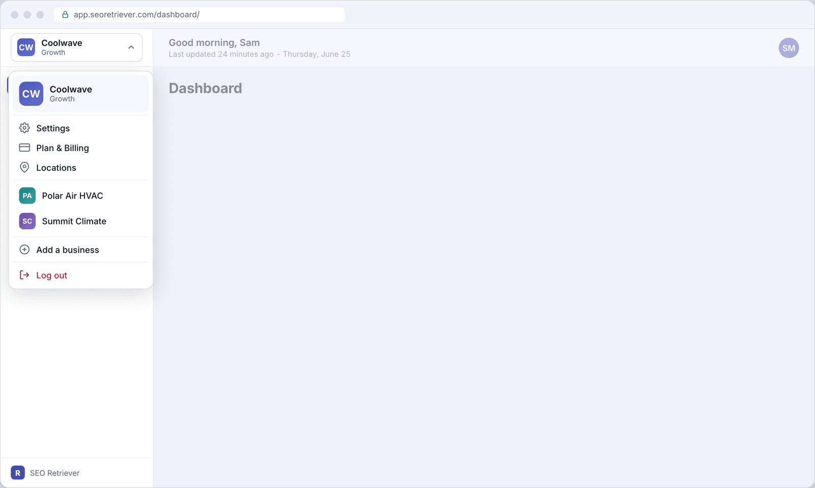 The sidebar business-switcher dropdown open, showing the current business Coolwave at the top, then Settings, Plan and Billing, and Locations links, then two recent businesses - Polar Air HVAC and Summit Climate - and finally Add a business and Log out at the bottom