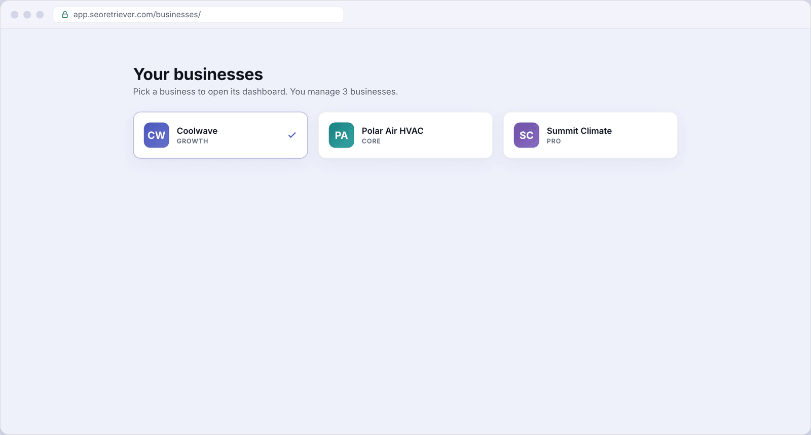 The All Businesses screen showing three business cards in a three-column grid - Coolwave with a checkmark indicating it is currently active, Polar Air HVAC, and Summit Climate