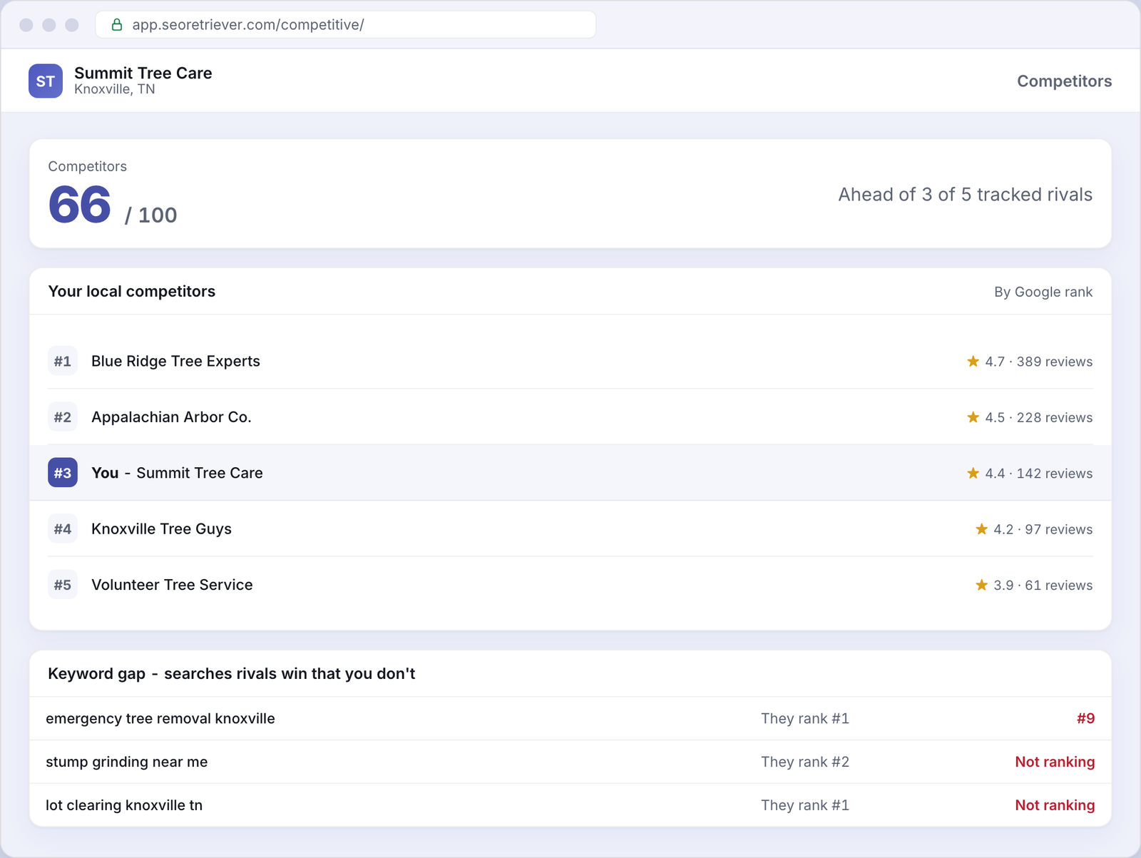 Competitive comparing an example Tree service business with local rivals