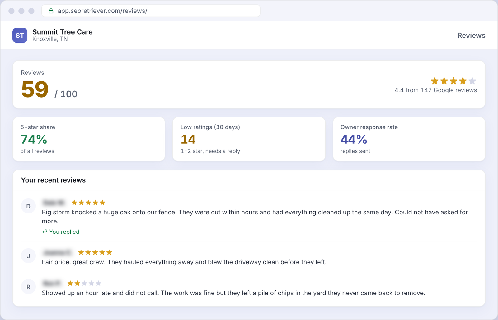 Reviews showing Google review trends for an example Tree service business