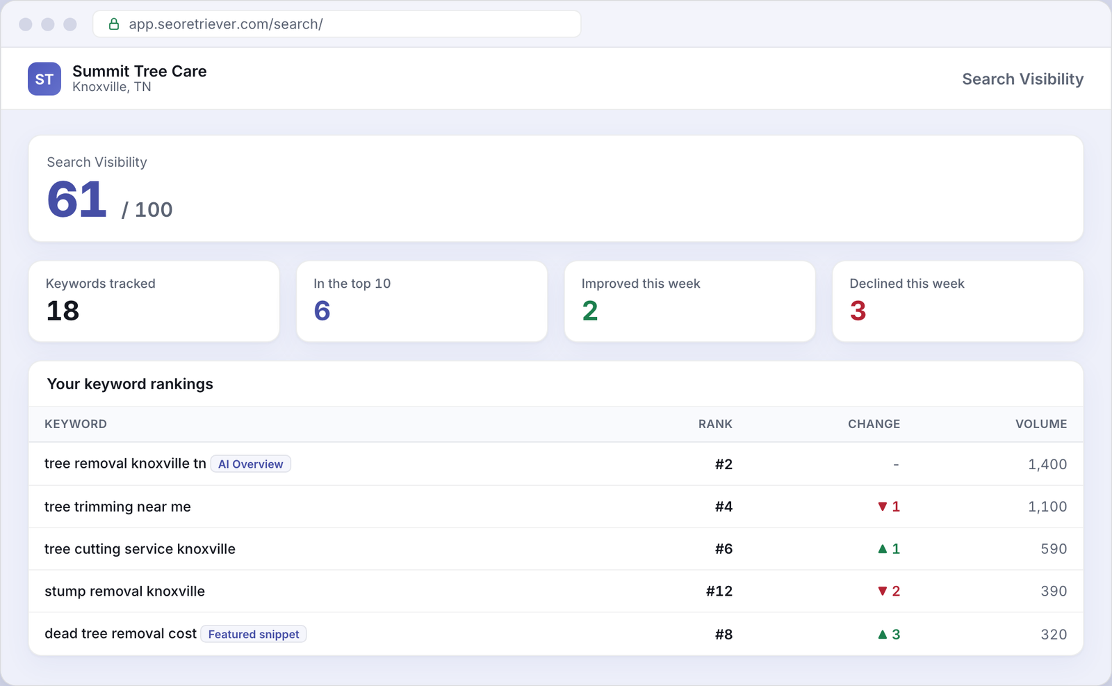 Search showing local keyword rankings for an example Tree service business