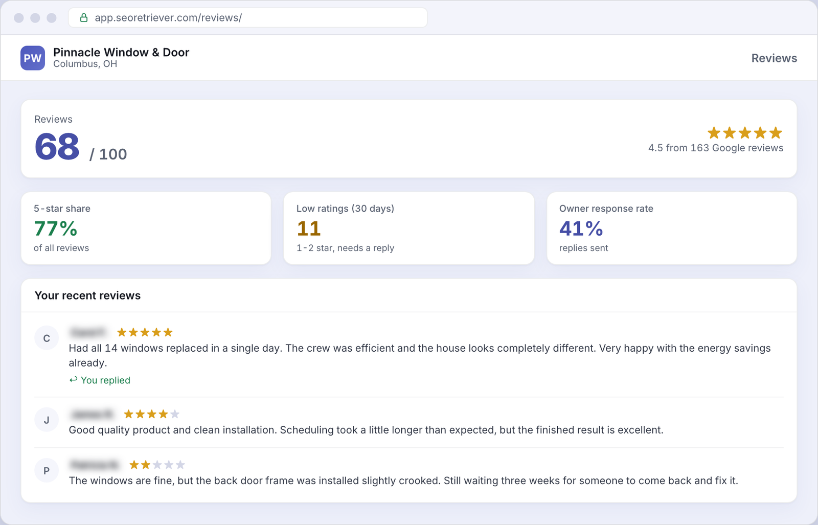 Reviews showing Google review trends for an example Windows & doors business