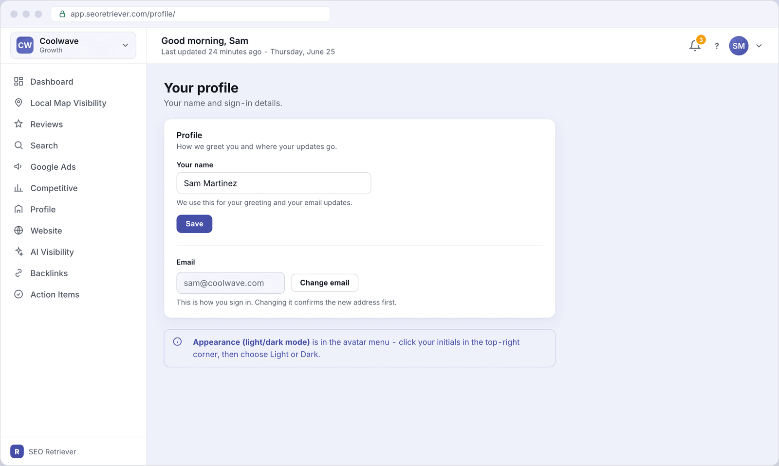 The Your profile screen showing an editable Your name field set to Sam Martinez, a read-only email field showing sam@coolwave.com with a Change email button, and a note about the appearance toggle being in the avatar menu